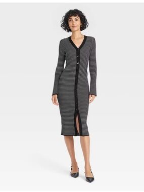 Striped Button-Front V-Neck Midi Dress in Black and White